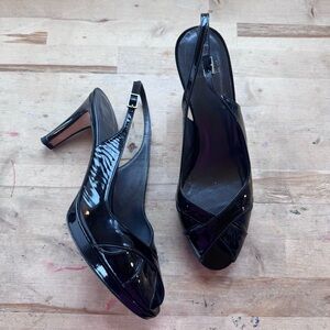 Stuart Weitzman Elegant Black Patent Leather Slingback peep toe Heels size 8.5
